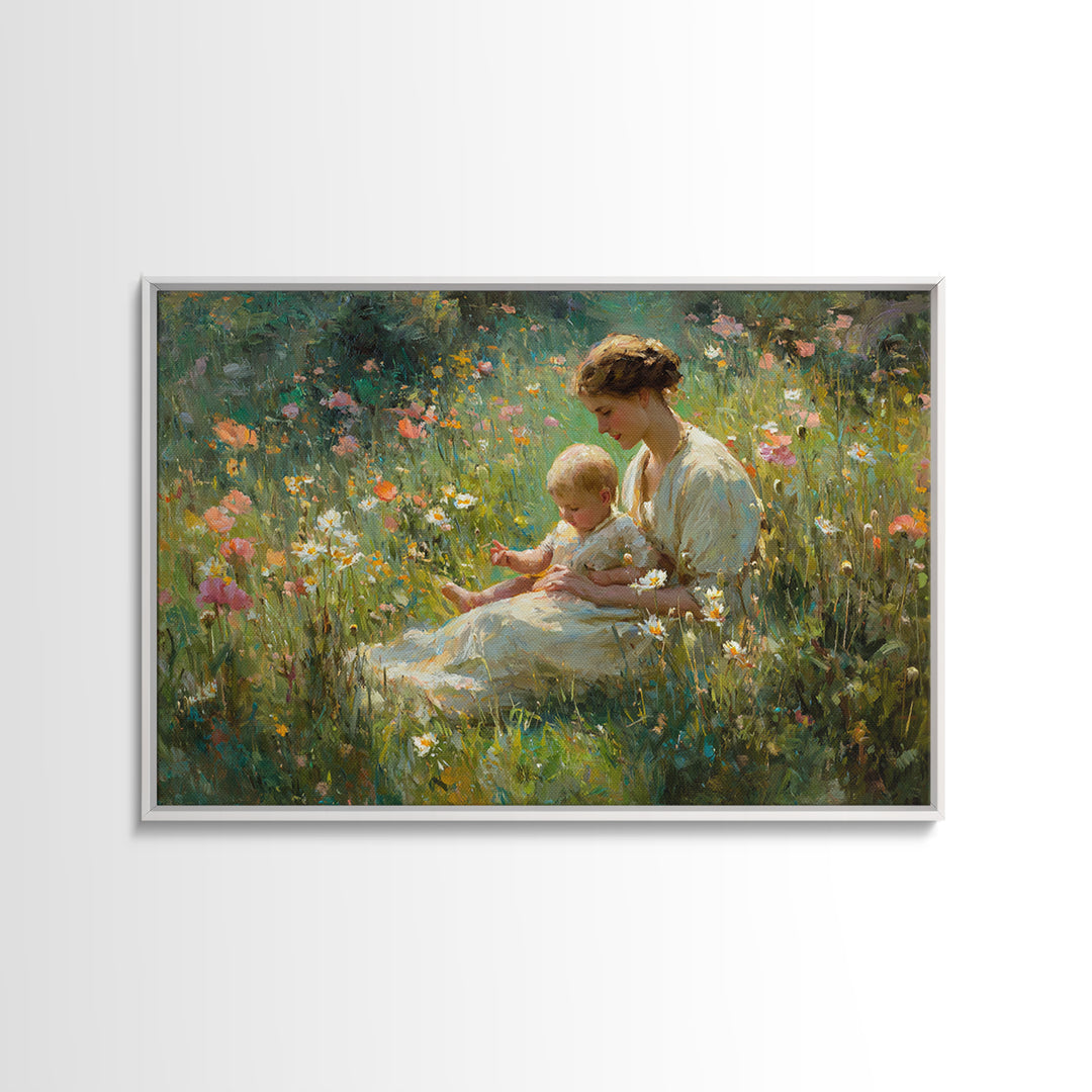 Mother And Baby In Sunlit Wildflower Meadow Canvas Print, Impressionist Floral Wall Art, Nursery Decor And Gift For New Mom