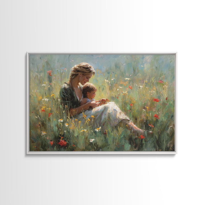 Mother Nursing Baby In Poppy Meadow Wall Art, Soft Impressionist Oil Painting Print, Feminine Nursery Decor Gift For Her