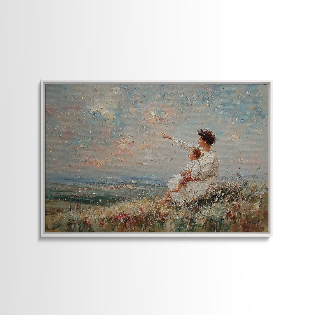 Mother And Child By Sparkling Sea Canvas Print, Coastal Impressionist Wall Art, Ocean Landscape Living Room Decor Gift For Her