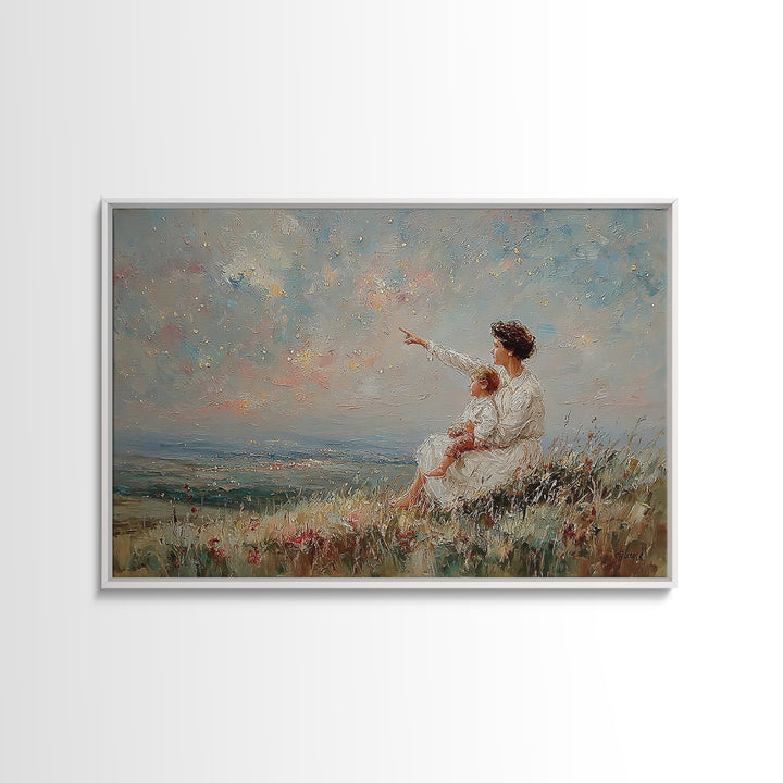 Mother And Child By Sparkling Sea Canvas Print, Coastal Impressionist Wall Art, Ocean Landscape Living Room Decor Gift For Her