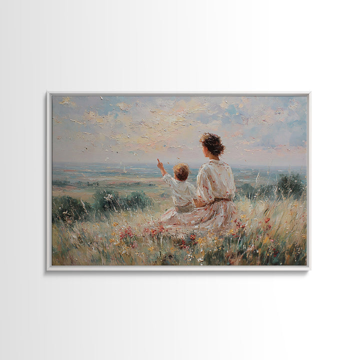 Mother And Child Watching Horizon Canvas Print, Impressionist Meadow Wall Art, Calming Landscape Decor Above Sofa Gift For Her