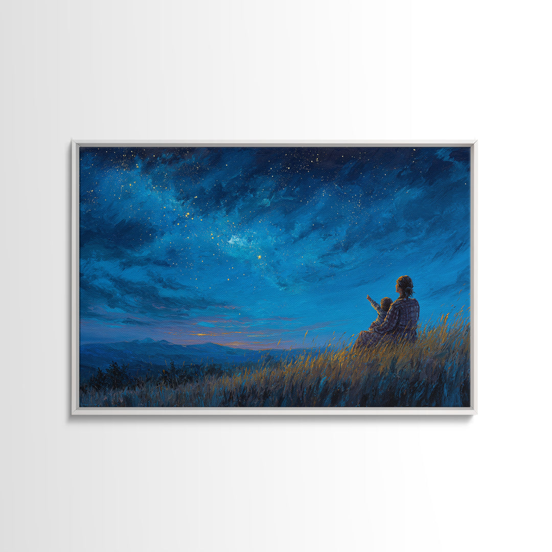 Mother And Child Under Starry Sky Wall Art, Celestial Night Landscape Canvas Print, Blue Bedroom Wall Decor Gift For Her