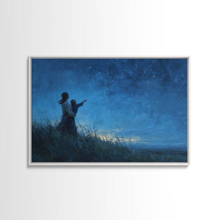 Mother And Child Pointing At Stars Canvas Print, Moody Celestial Wall Art, Blue Night Sky Bedroom Nursery Decor Gift For Her