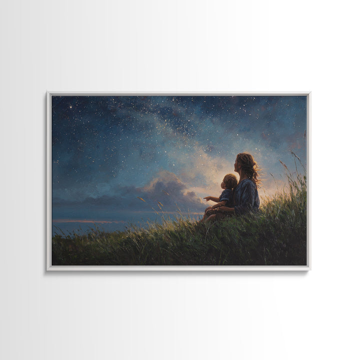 Mother And Child Stargazing Canvas Print, Celestial Nursery Wall Art, Gift For Mom, Baby Room Decor, Spiritual Home Decor
