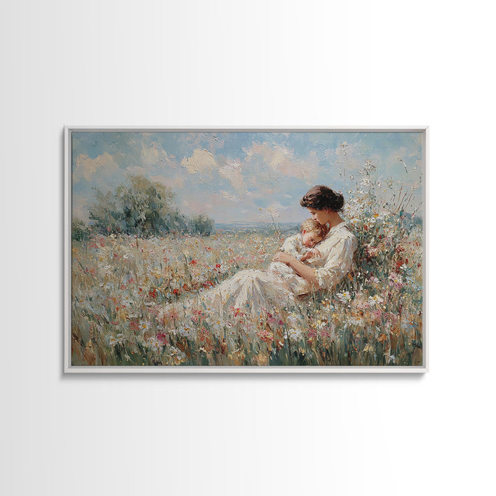 Mother Cradling Baby In Summer Meadow Canvas Print, Floral Wall Art, Impressionist Painting, Nursery Decor, Gift For Mom