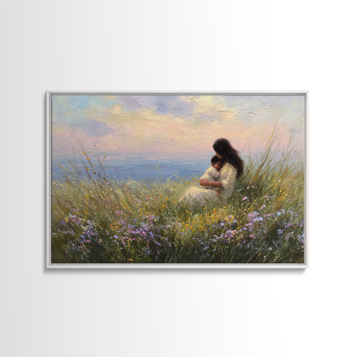 Mother And Baby By Ocean Sunset Canvas Print, Coastal Wall Art, Seascape Decor, Nursery Wall Art, Gift For Mom, Beach House
