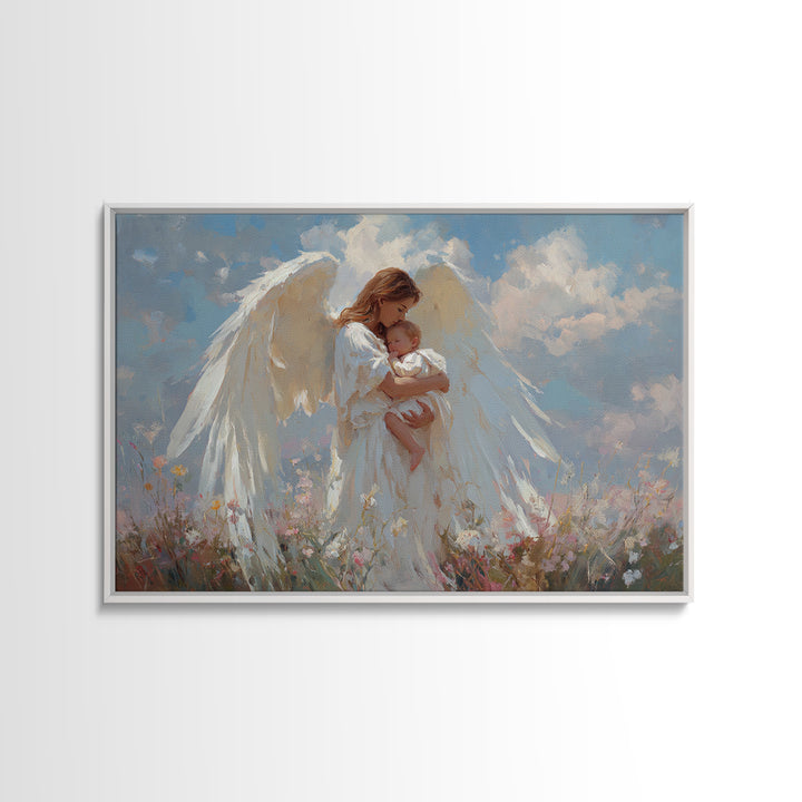 Guardian Angel Holding Baby Framed Canvas Print, Christian Wall Art, Nursery Decor, Spiritual Gift, Baby Shower Gift For Mom