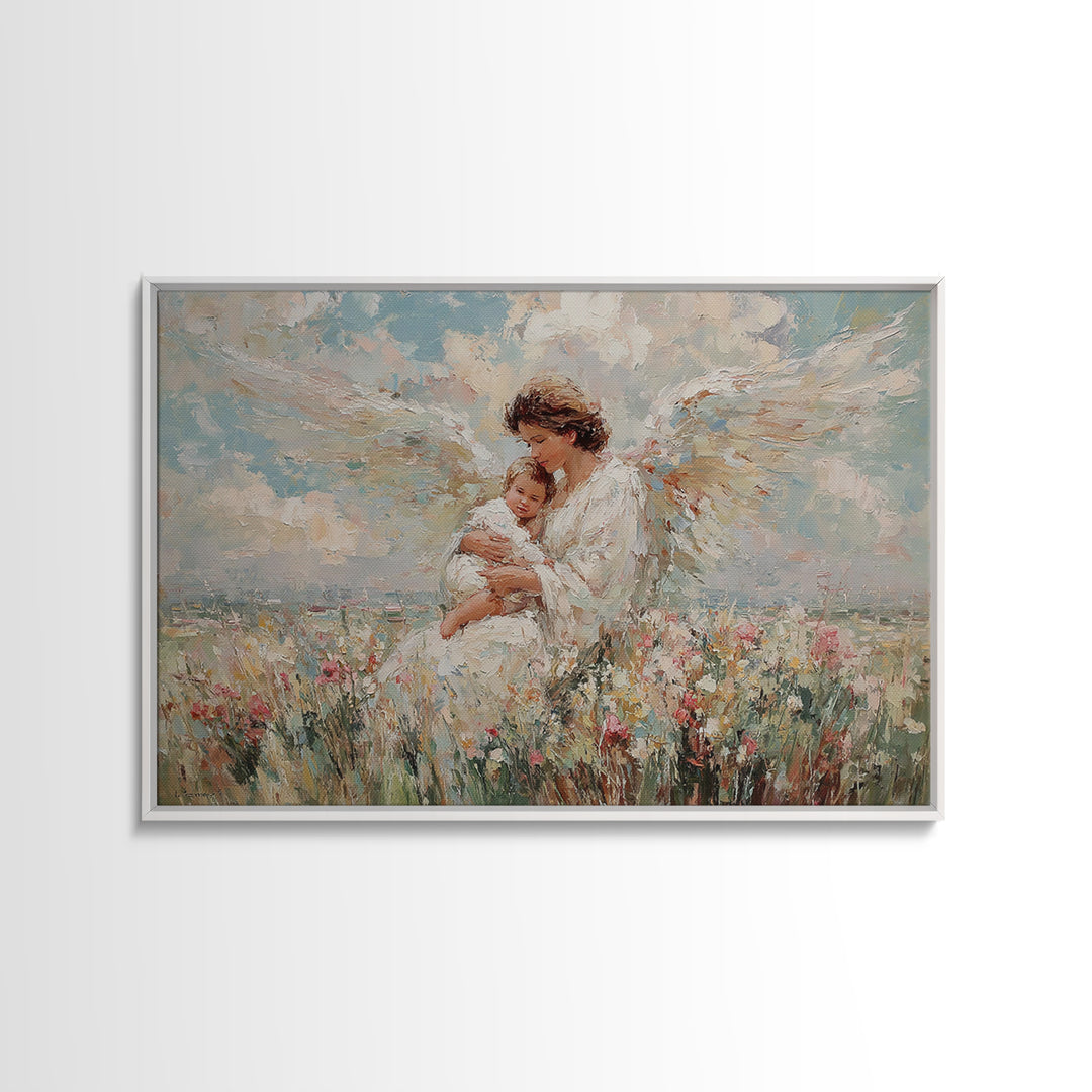 Angel Mother And Baby In Wildflower Meadow Canvas Print, Christian Wall Art, Nursery Decor, Spiritual Gift, Baby Shower Gift