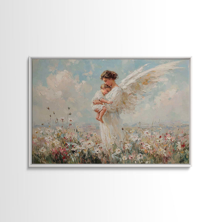 Guardian Angel Mother And Baby In Wildflower Meadow Wall Art, Christian Nursery Decor, Spiritual Gift, Serene Bedroom Print