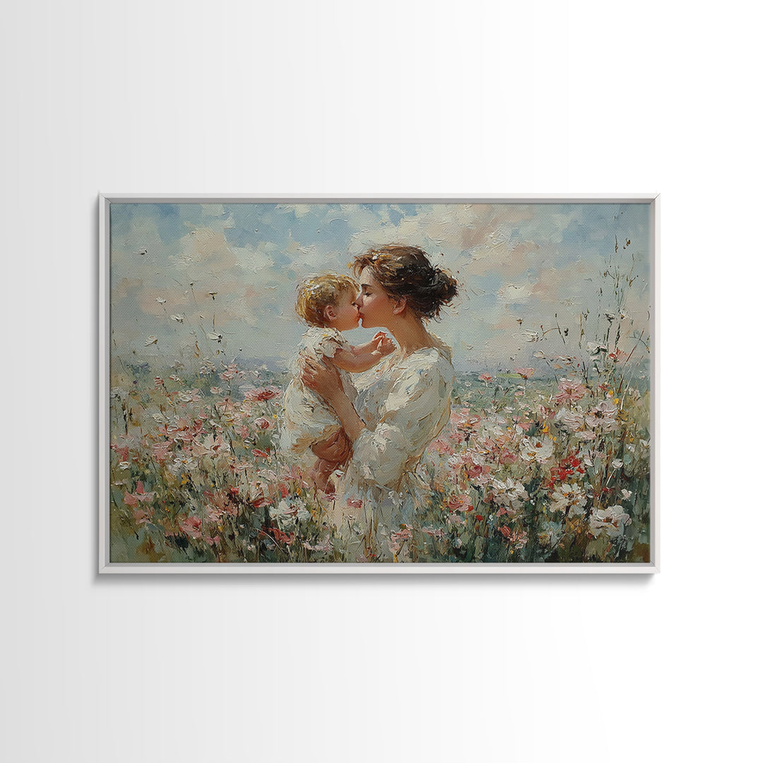 Tender Mother And Baby Kiss In Flower Meadow Framed Canvas Print, Feminine Wall Decor, Nursery Art, Gift For Mom, Peaceful Bedroom Decor
