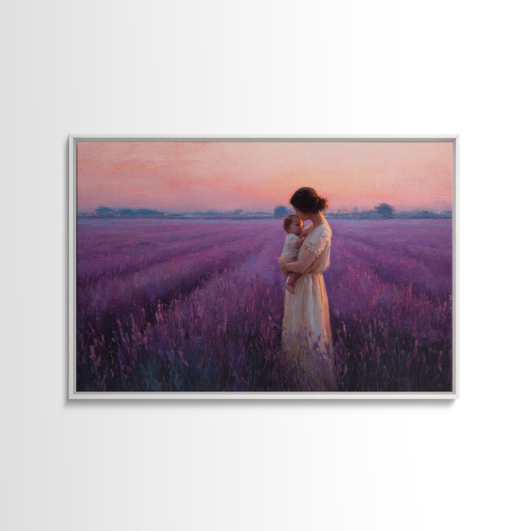 Mother And Baby Embrace In Lavender Sunset Field Framed Canvas Print, Purple Wall Art, Feminine Nursery Decor Gift For Mom