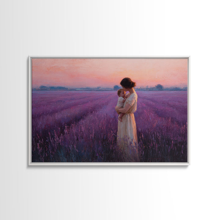 Mother And Baby Embrace In Lavender Sunset Field Framed Canvas Print, Purple Wall Art, Feminine Nursery Decor Gift For Mom