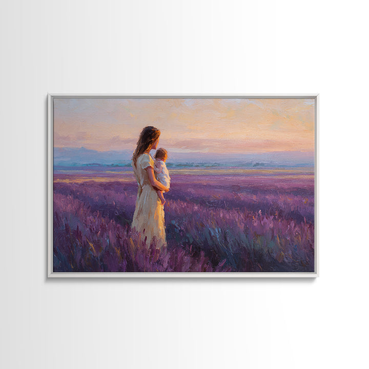 Mother And Child In Lavender Meadow Sunrise Canvas Print, Romantic Landscape Wall Art, Purple Bedroom Decor, Gift For Her