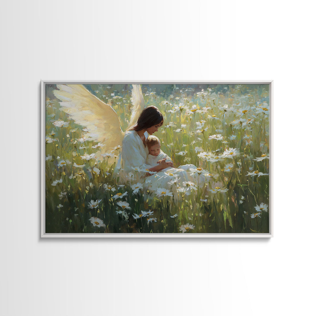 Guardian Angel Mother And Baby In Daisy Meadow Wall Art, Christian Nursery Decor, Spiritual Gift, Peaceful Floral Fine Art Print