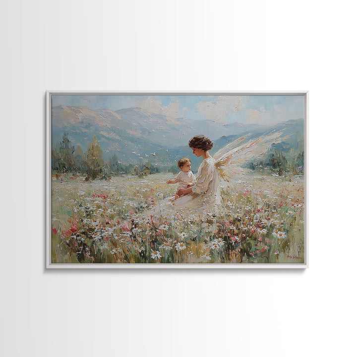 Guardian Angel And Child In Alpine Wildflower Meadow Framed Canvas Print, Christian Wall Art, Mountain Nursery Decor Gift