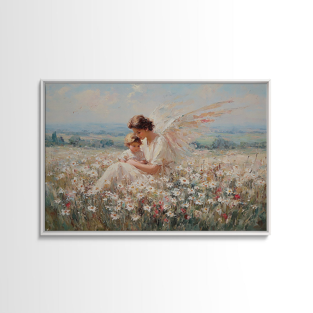 Angel Mother And Child In Wildflower Meadow Wall Art, Serene Religious Nursery Decor, Christian Gift, Fine Art Print, Home Decor