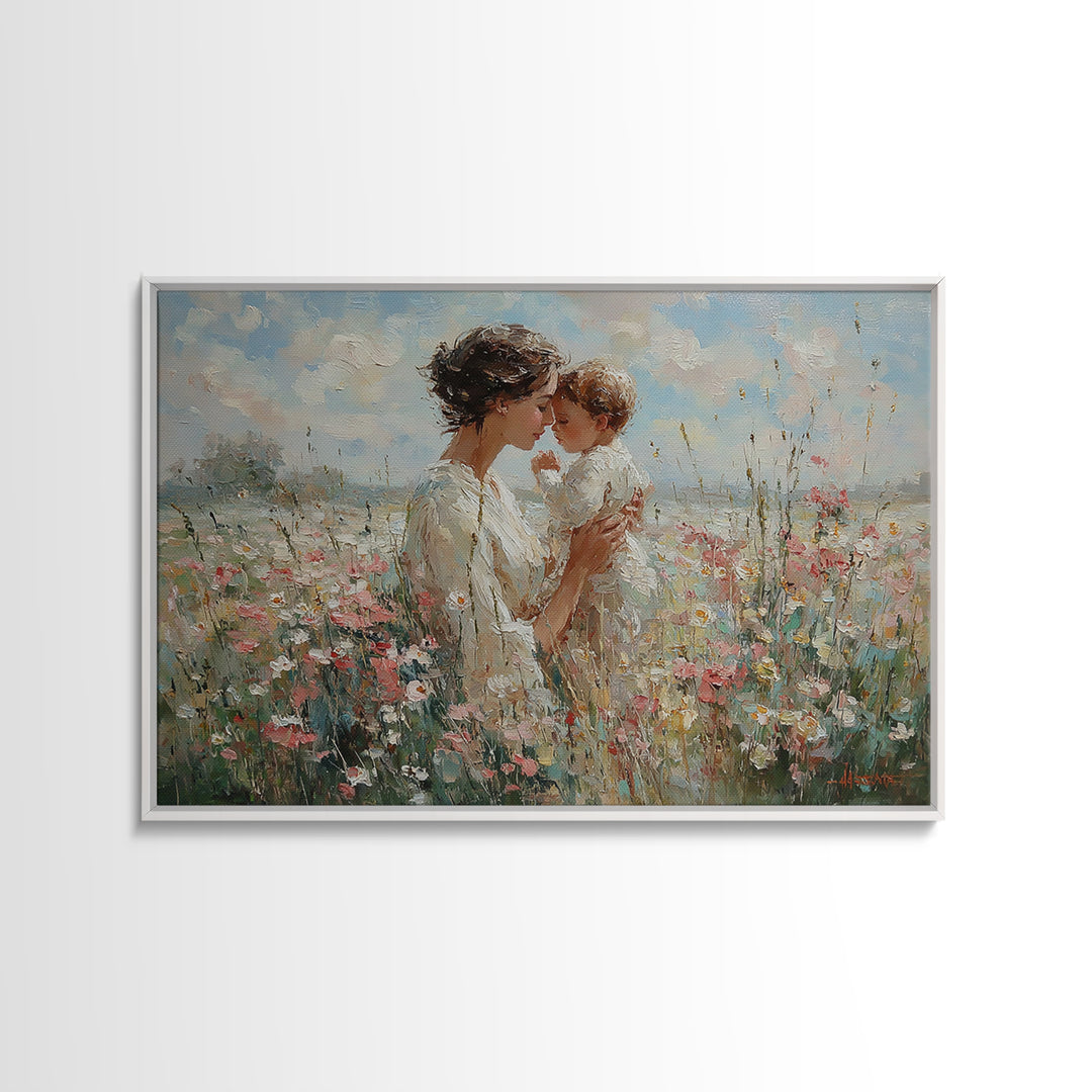 Tender Mother And Baby In Wildflower Field Framed Canvas Print, Feminine Wall Art, Nursery Decor, Christian Gift, Home Decor