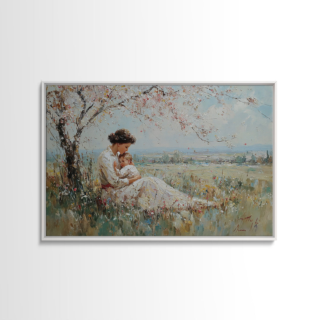 Mother Holding Baby Beneath White Blossom Tree Framed Canvas Print, Spring Wall Art, Christian Nursery Decor, Gift For Mom