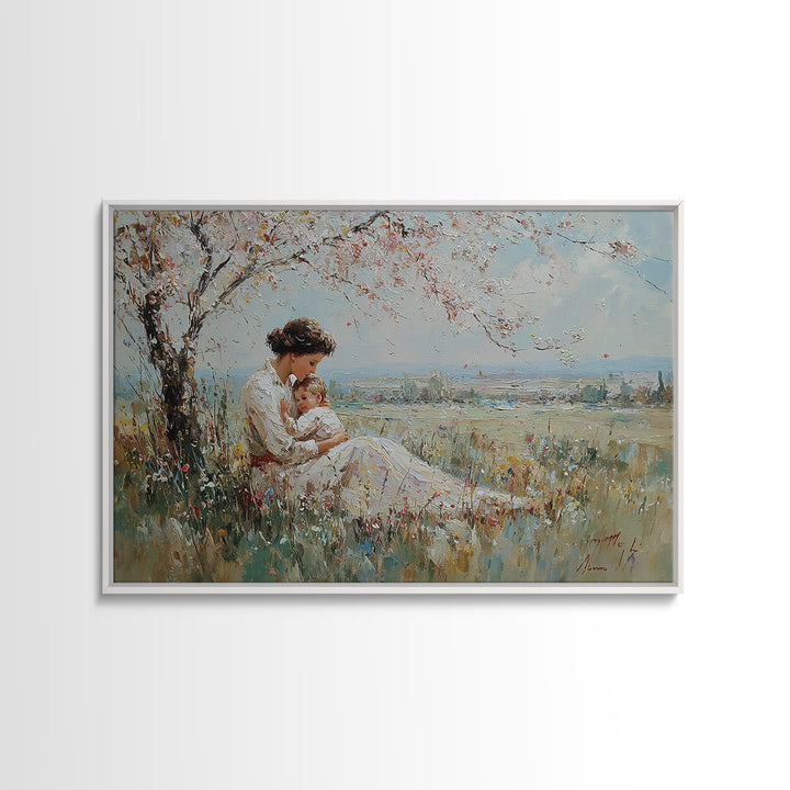 Mother Holding Baby Beneath White Blossom Tree Framed Canvas Print, Spring Wall Art, Christian Nursery Decor, Gift For Mom