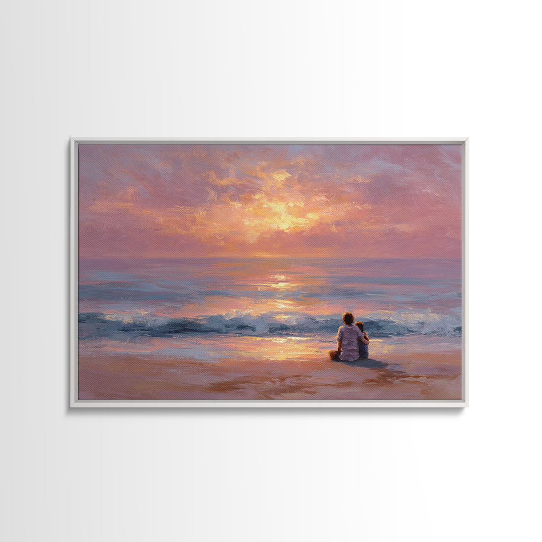 Parent And Child Watching Ocean Sunset Wall Art, Coastal Beach Canvas Print, Seascape Living Room Decor, Housewarming Gift