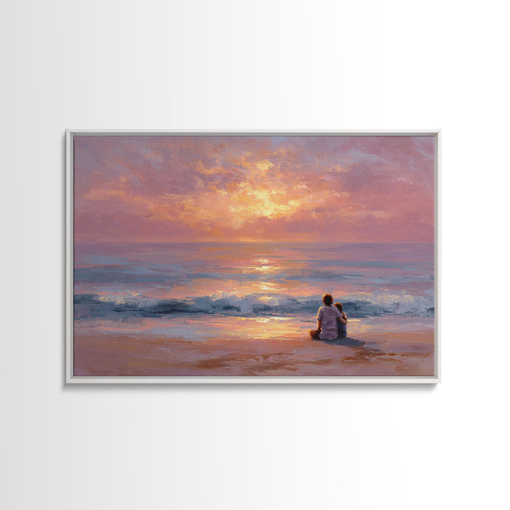Parent And Child Watching Ocean Sunset Wall Art, Coastal Beach Canvas Print, Seascape Living Room Decor, Housewarming Gift