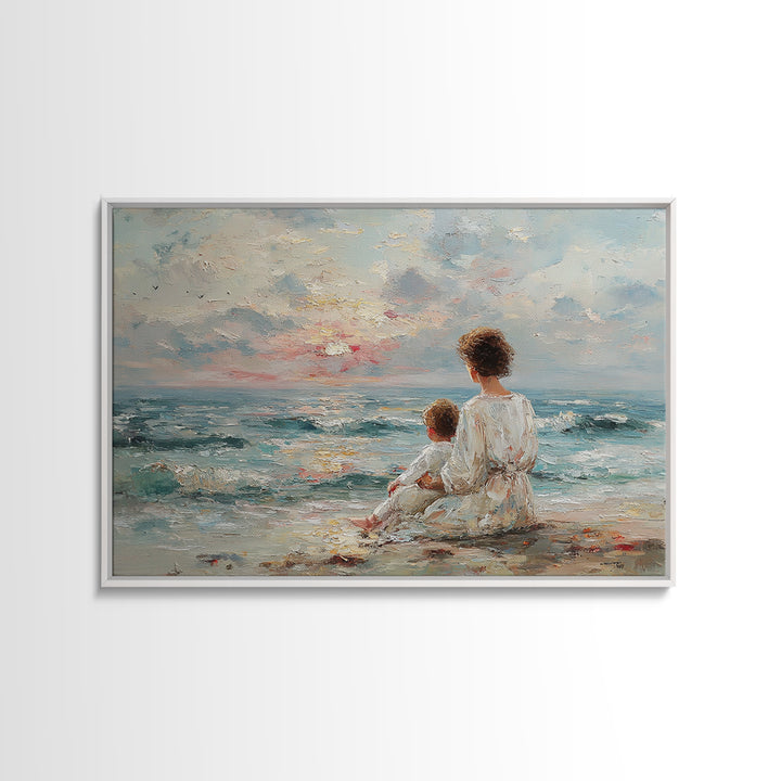 Mother And Child By Blue Sea Framed Canvas Print, Coastal Wall Art, Beach House Decor, Ocean Nursery, Gift For Mom, Living Room Art