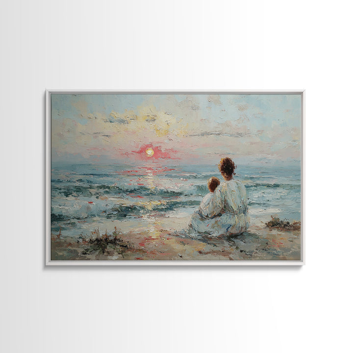 Mother And Child Watching Soft Seaside Sunset Canvas Print, Coastal Wall Art, Ocean Decor, Gift For Mom, Living Room Art
