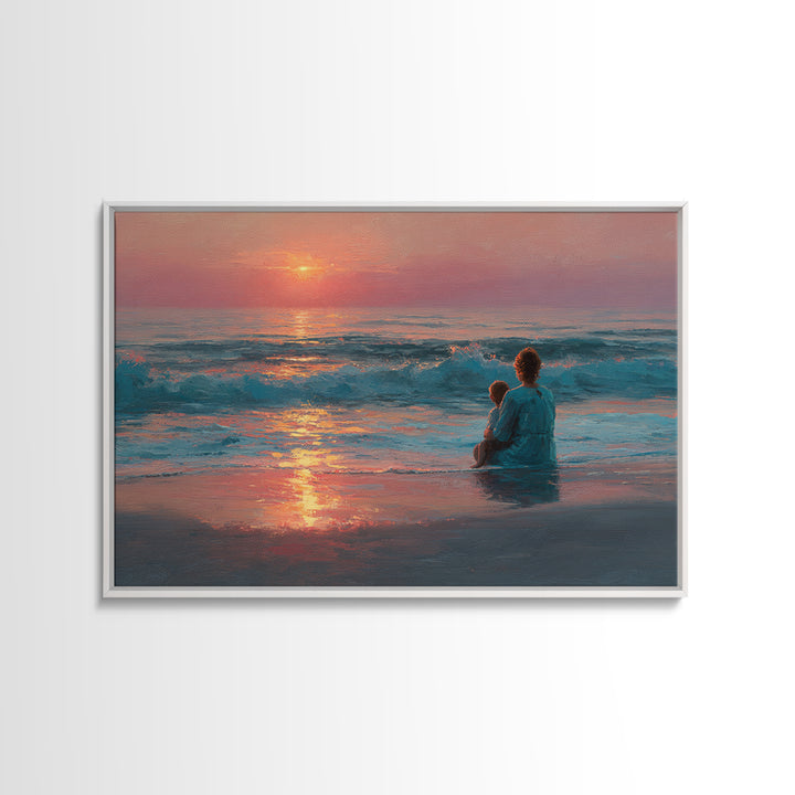 Mother And Child In Rose Gold Ocean Waves Wall Art, Coastal Canvas Print, Beach House Decor, Seascape, Gift For Mom, Living Room Decor