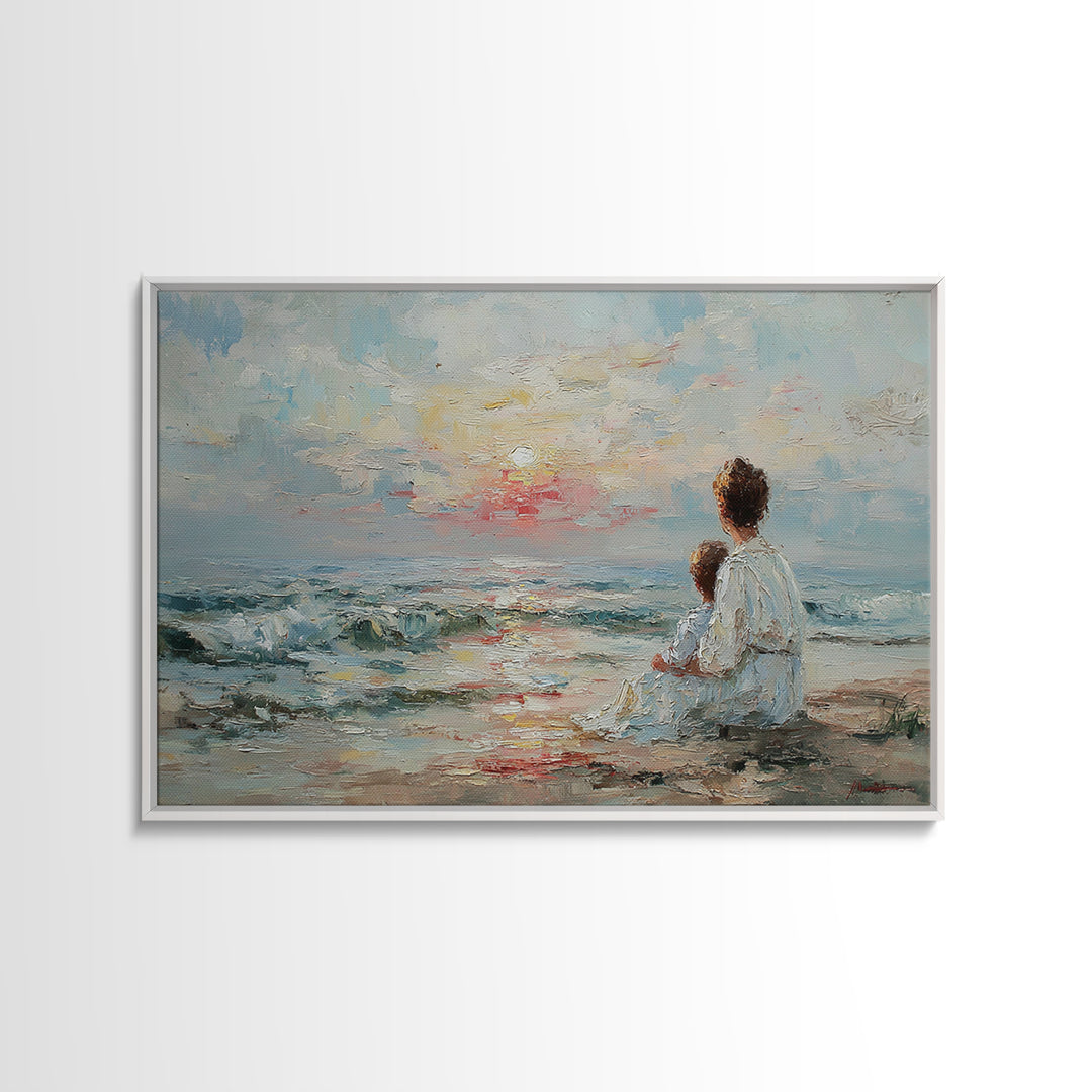 Impasto Mother And Child At Gentle Ocean Sunrise Framed Canvas Print, Coastal Wall Art, Beach Decor, Gift For Mom, Serene Home Decor