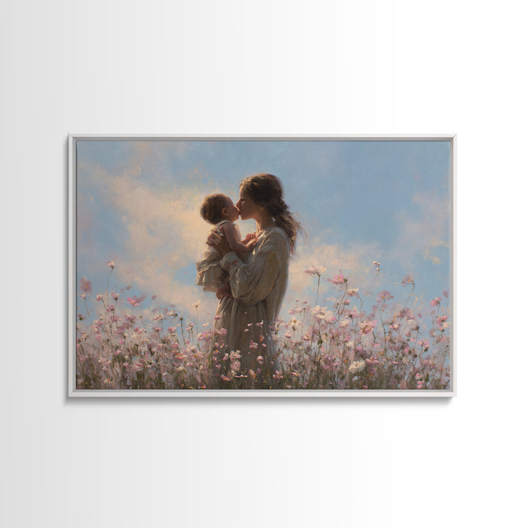 Mother Kissing Baby In Wildflower Meadow Wall Art, Feminine Floral Canvas Print, Nursery Decor, Gift For Mom, Baby Shower Gift