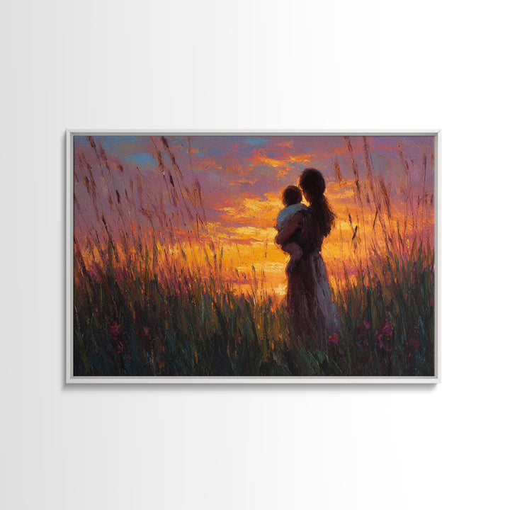 Mother And Baby Silhouette In Tall Grass Sunset Wall Art, Warm Meadow Canvas Print, Boho Nursery Decor, Gift For Mom, Bedroom Wall Art