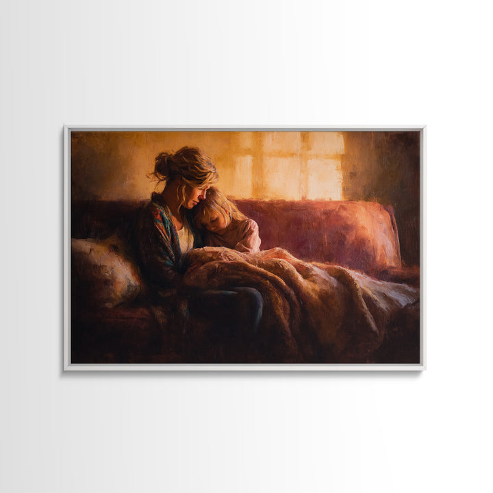 Mother And Child Cuddling On Warm Sofa Canvas Print, Cozy Bedroom Wall Art, Family Home Decor, Gift For Mom, Nursery Art