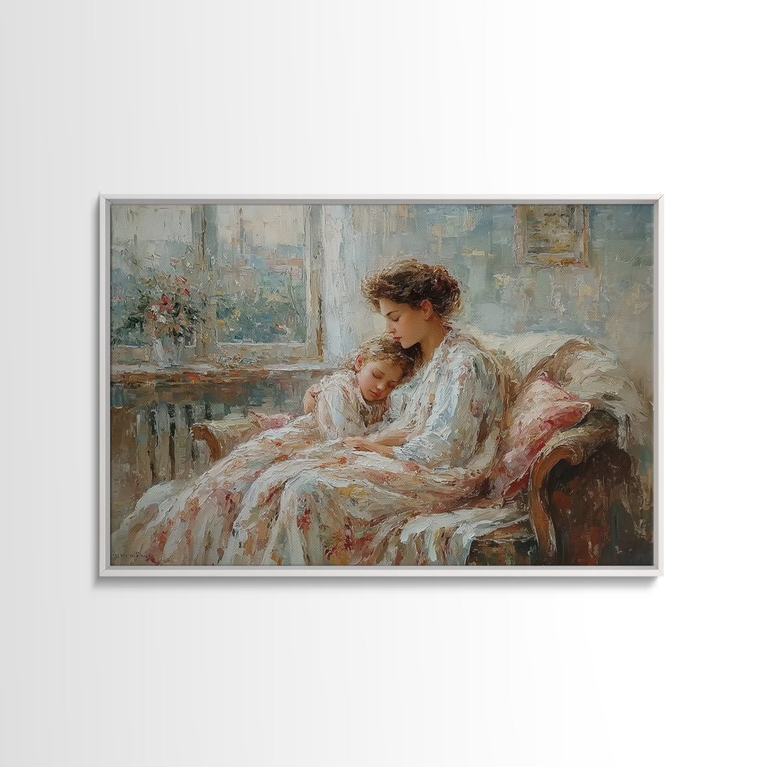 Mother And Child Resting By Window Wall Art, Impressionist Family Portrait, Cozy Bedroom Decor, Gift For Mom, Nursery Art