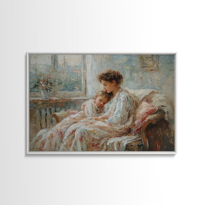 Mother And Child Resting By Window Wall Art, Impressionist Family Portrait, Cozy Bedroom Decor, Gift For Mom, Nursery Art