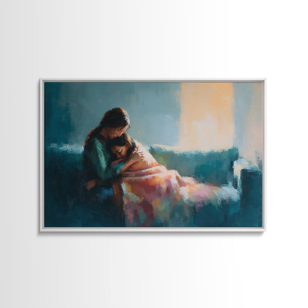 Mother Comforting Child In Blue Room Canvas Print, Modern Family Wall Decor, Emotional Portrait Art, Gift For Mom, Home Decor