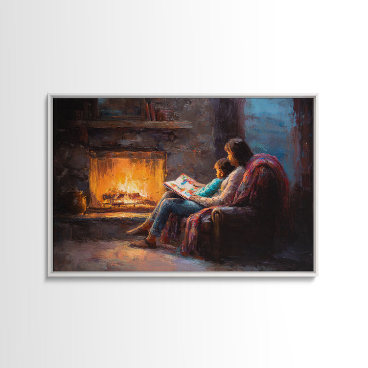 Mother And Child Reading By Glowing Fireplace Canvas Print, Cozy Family Wall Art, Dark Academia Decor, Gift For Mom, Living Room Decor