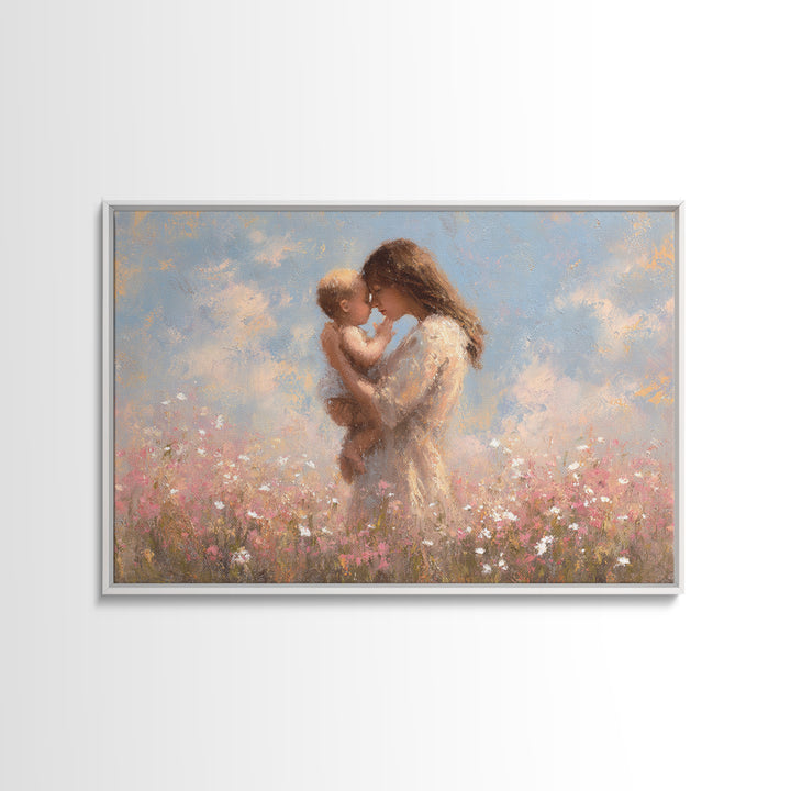 Mother Holding Baby In Wildflower Meadow Wall Art, Soft Impressionist Floral Print, Nursery Decor, Gift For Mom, Baby Gift