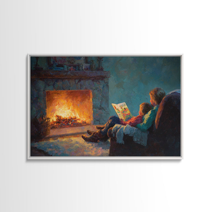 Mother And Child Storytime By Fireplace Framed Canvas Print, Cozy Living Room Wall Art, Family Reading Decor, Gift For Mom