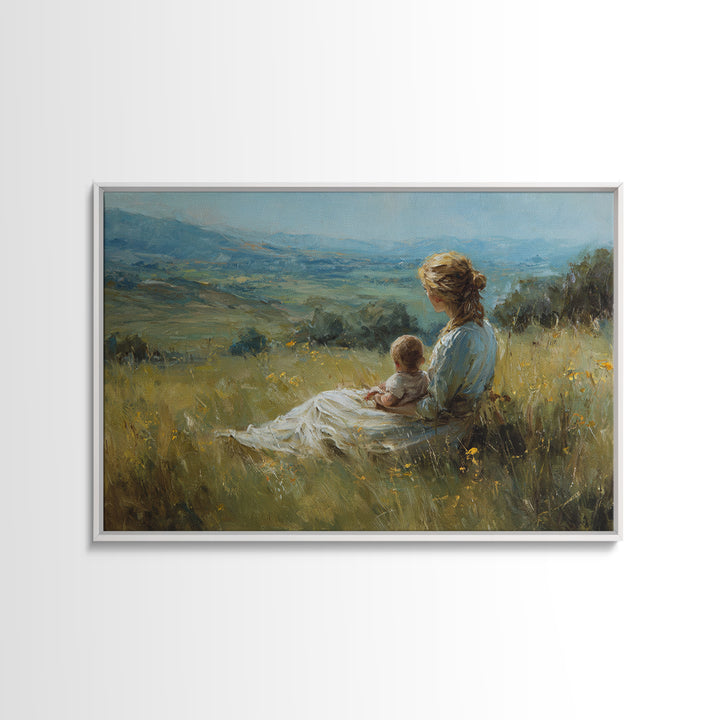 Mother And Baby In Wildflower Meadow Wall Art, Impressionist Landscape Painting, Feminine Nursery Decor, Gift For Mom, Living Room Decor