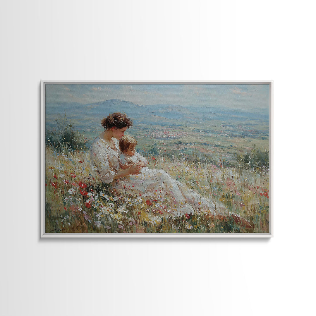 Seated Mother Nursing Baby In Flower Field Framed Canvas Print, Impressionist Landscape Art, Feminine Bedroom Decor, Gift For Her