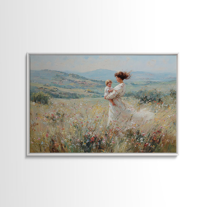 Standing Mother With Baby In Wildflower Valley Canvas Print, Impressionist Floral Landscape, Nursery Decor, Gift For Mom