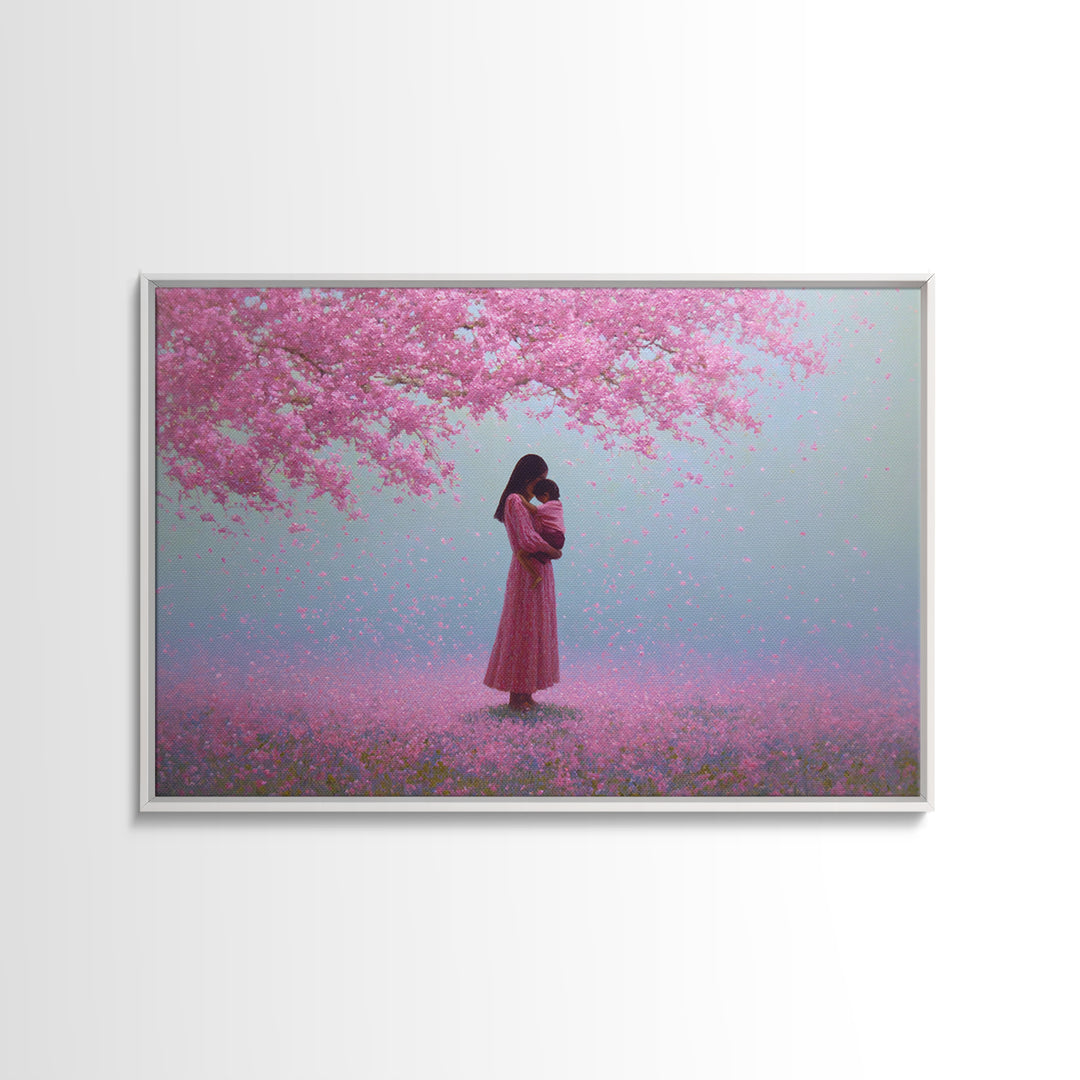 Mother And Child Under Pink Blossoms Wall Art, Cherry Blossom Painting, Feminine Nursery Decor, Romantic Gift For Her, Pink Wall Art