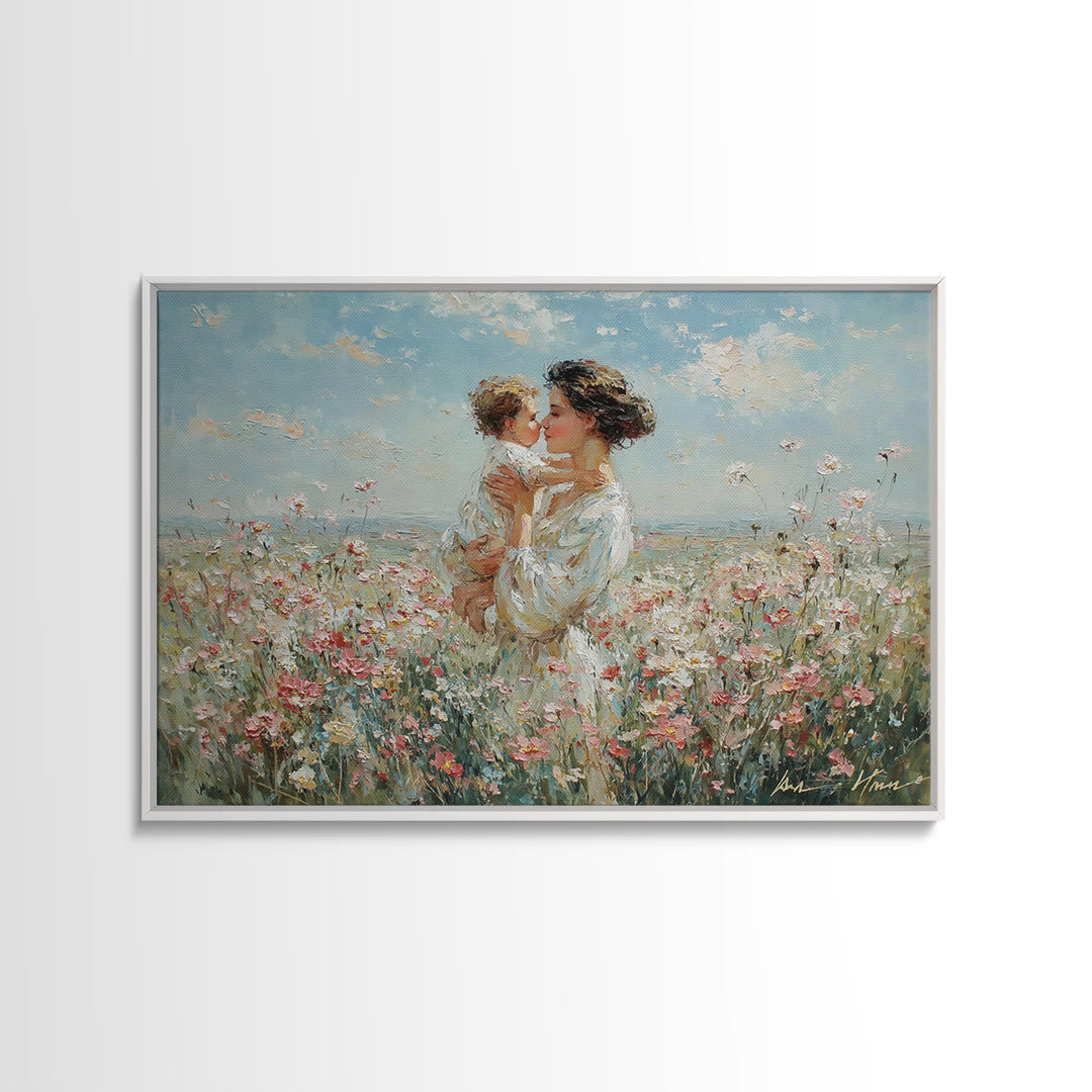 Mother Kissing Baby In Wildflower Field Canvas Print, Impressionist Floral Painting, Nursery Wall Art, Gift For Mom, Living Room Decor