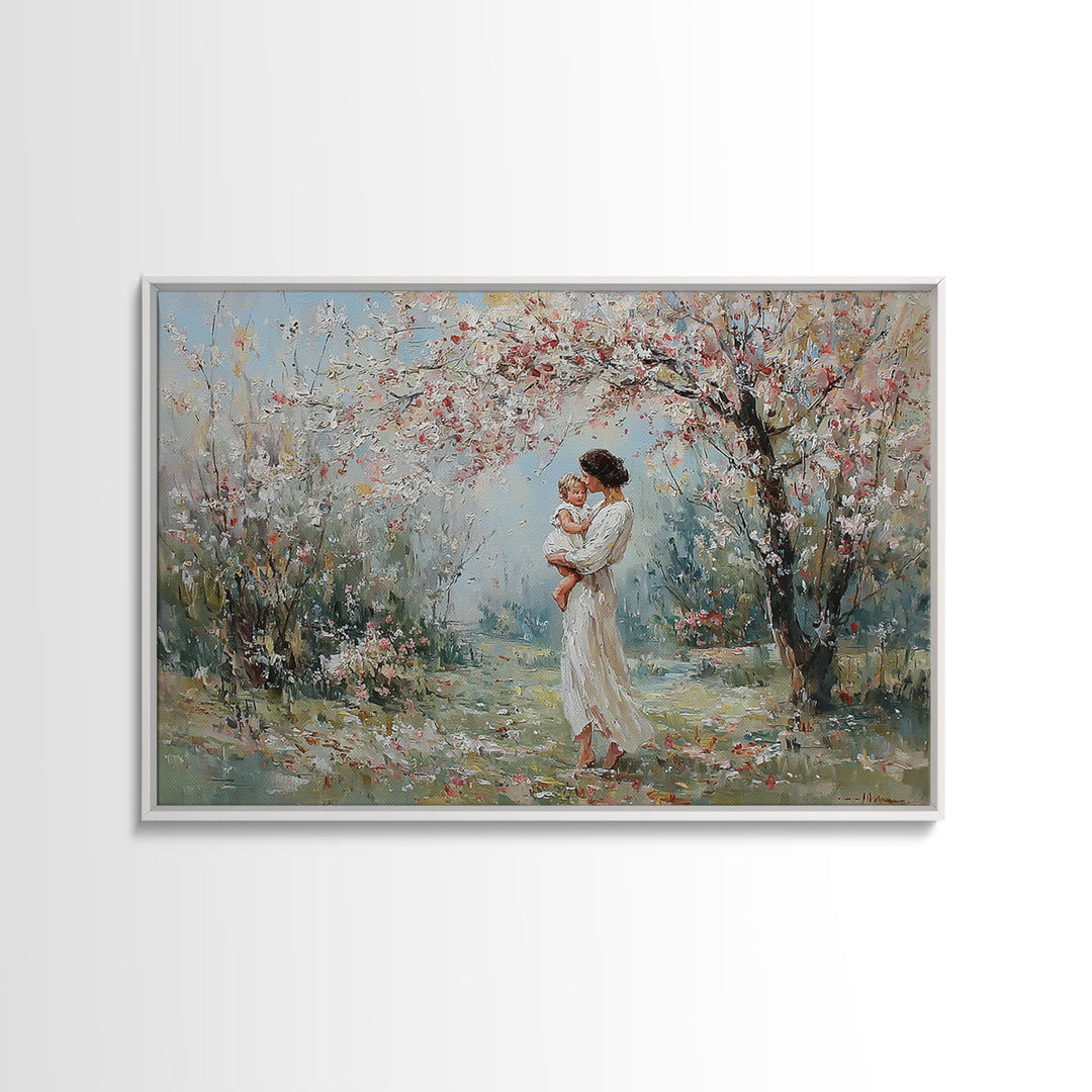Mother Holding Baby In Blooming Garden Canvas Print, Impressionist Floral Wall Art, Nursery Decor, Housewarming Gift, Home Decor