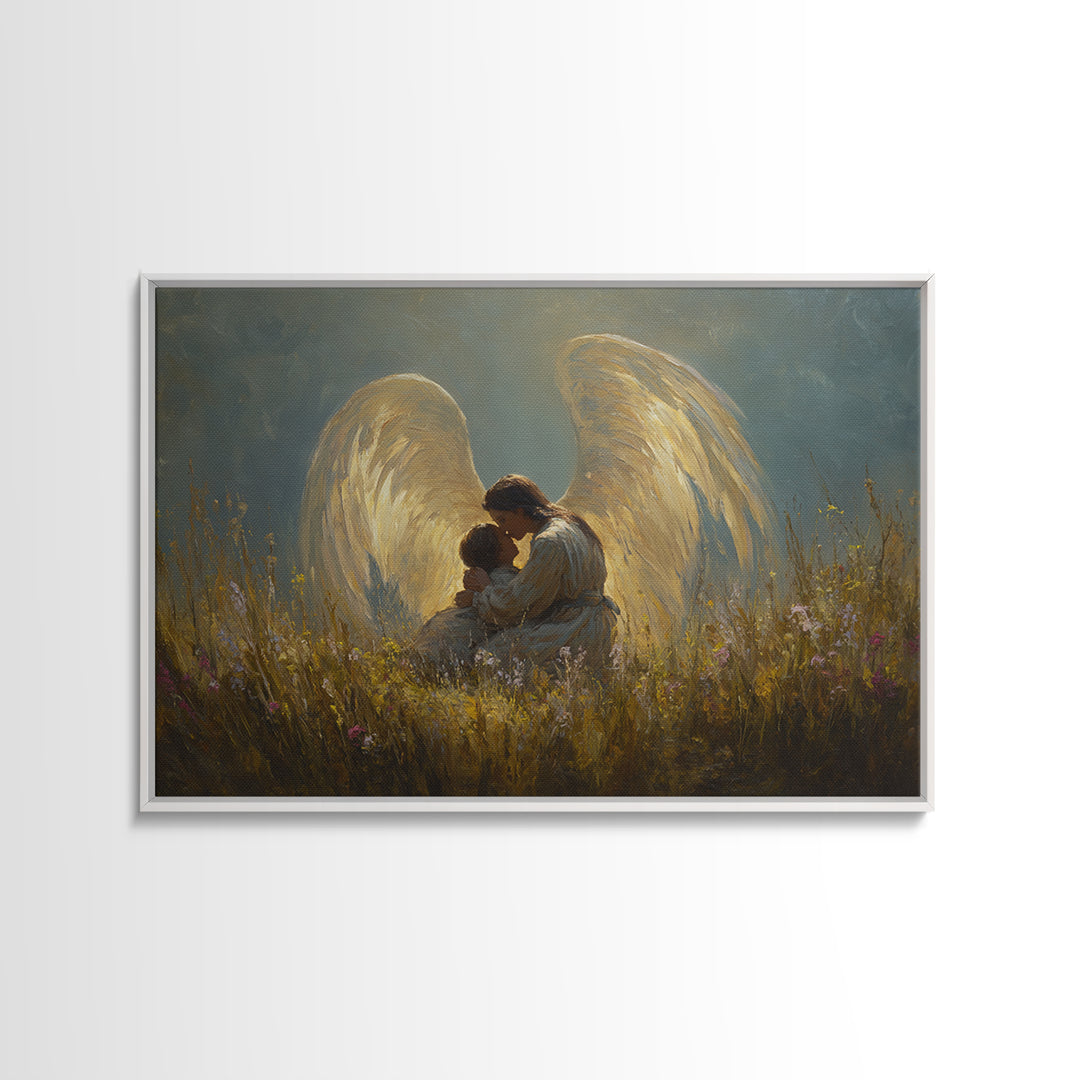 Golden Winged Angel And Child Meadow Framed Canvas Print, Spiritual Wall Art, Christian Nursery Decor, Gift For Her, Living Room Decor