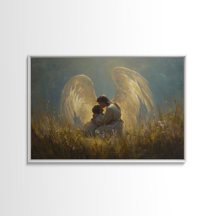 Golden Winged Angel And Child Meadow Framed Canvas Print, Spiritual Wall Art, Christian Nursery Decor, Gift For Her, Living Room Decor