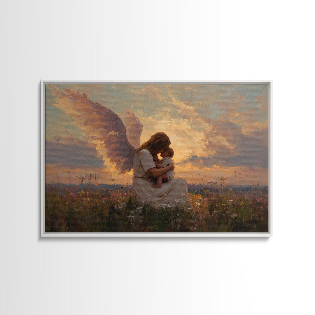 Sunset Angel Mother Cradling Baby Canvas Print, Guardian Angel Wall Art, Spiritual Nursery Decor, Christian Gift For Her