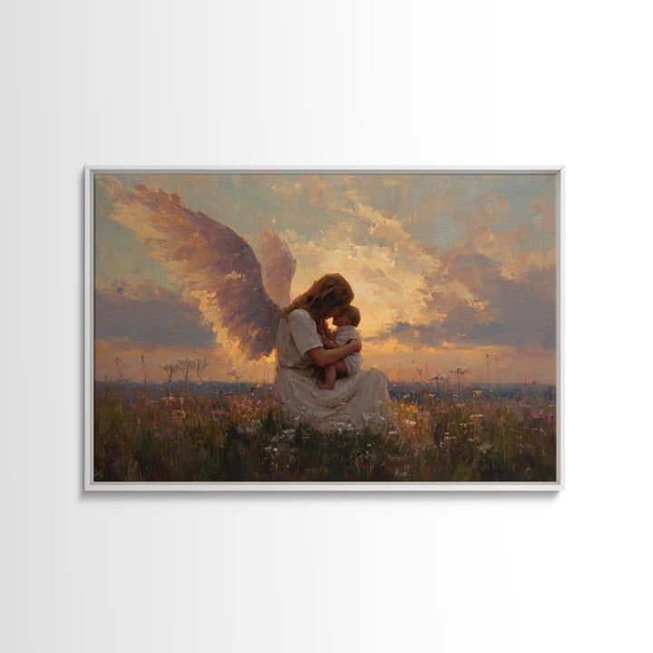 Sunset Angel Mother Cradling Baby Canvas Print, Guardian Angel Wall Art, Spiritual Nursery Decor, Christian Gift For Her