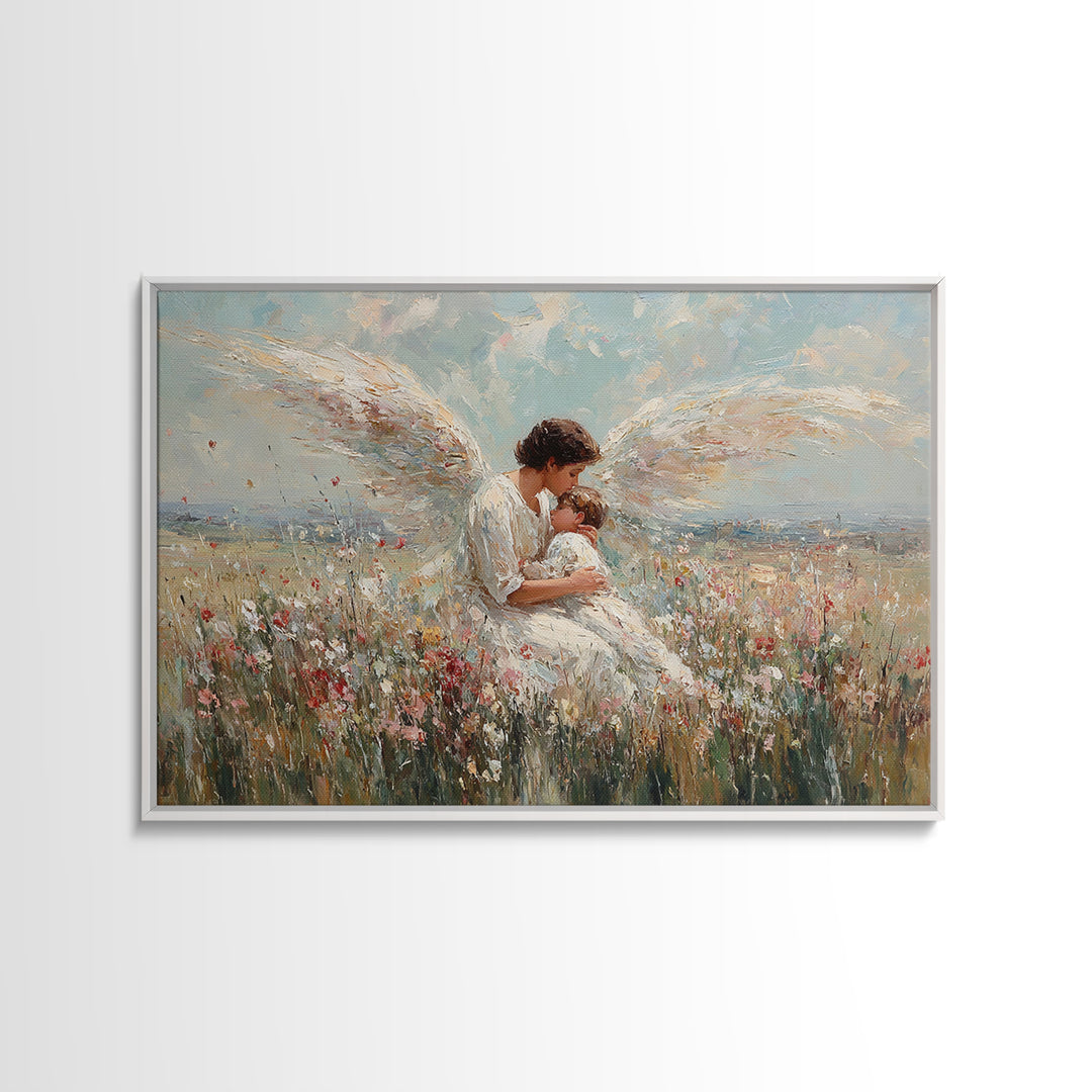 Guardian Angel Holding Baby In Wildflower Field Framed Canvas Print, Christian Wall Art, Nursery Decor, Spiritual Gift Idea