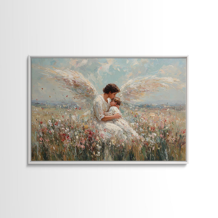Guardian Angel Holding Baby In Wildflower Field Framed Canvas Print, Christian Wall Art, Nursery Decor, Spiritual Gift Idea